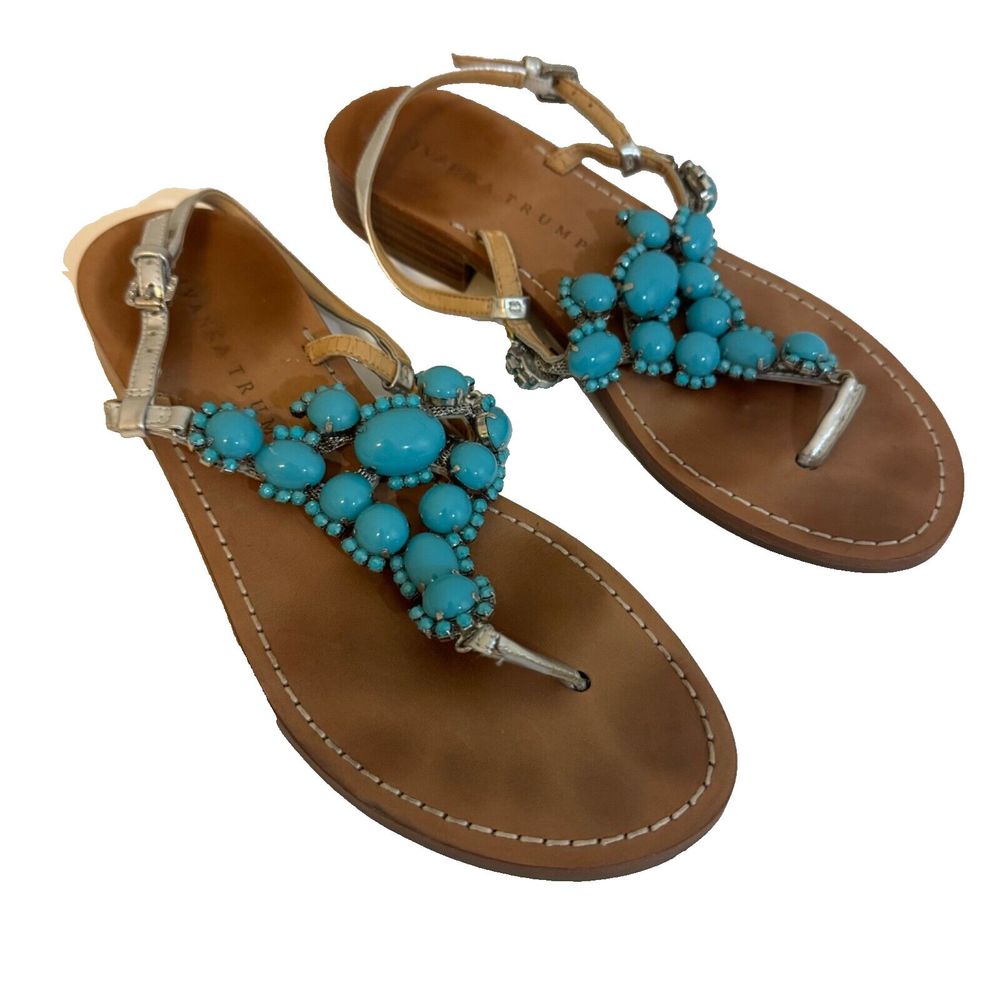 Ivanka Trump Pepe Thong silver turquoise leather sandals size 7